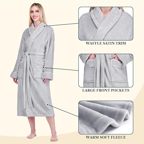 Image of PAVILIA Women's Plush Fleece Robe, Soft Cozy Long Bathrobe with Satin Waffle Trim, Warm Lightweight, Pockets & Tie Belt