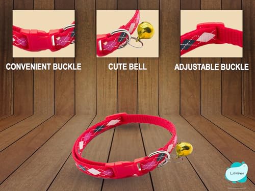 Image of Cat & Puppy Collar with Bell,Kitten & Small Dogs Soft Adjustable,Safe,Solid & Protective Breakaway for Cats & Puppies,Cute Kitty Neckband with Diamond Print-(Red)