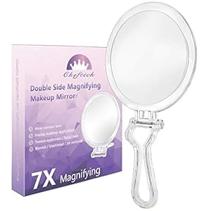Cheftick Double Sided Hand Held Mirror – 1X & 7X Magnifying Travel Makeup Mirror with Adjustable Folding Handle, Portable, Transparent & Round (6″)