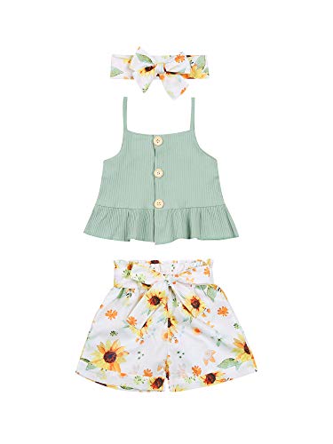 3Pcs/Set Toddler Baby Girl Summer Outfit Sleeveless Ruffle Crop Top Floral Shorts Headband Clothes (Green, 12-18 Months)
