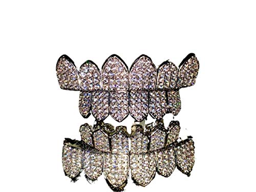 Joker White Gold Grillz Finish for Mouth Top Bottom Hip Hop Teeth Grills for Mouth Grillz for Mouth Top Bottom Hip Hop 6 Grills for Teeth Mouth Set - Teeth Cap, Iced Grillz (Top & Bottom Only)