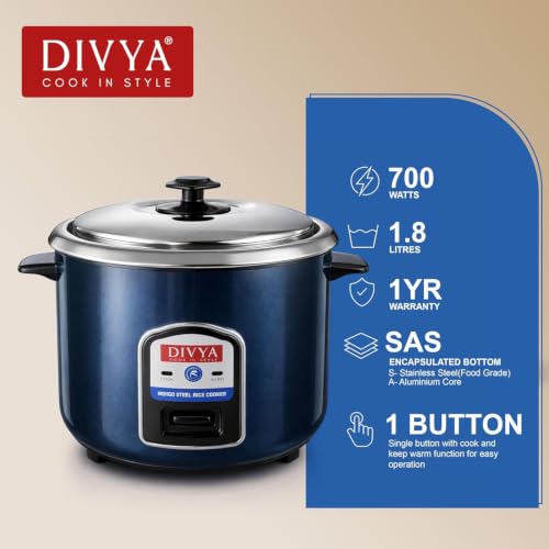 Image of Divya Stainless Steel 1.8L Electric Rice Cooker with Extra Pot | Indigo Steel Body Electric Rice Cooker with Steaming Feature (Double Steel Pot)