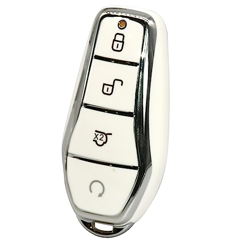 Image of KMH TPU Car Smart Key Cover Compatible for BYD Atto-3 4 Push Button Smart Key Shell Case Holder, Key Protector (Black Silver & White) Pack of 2