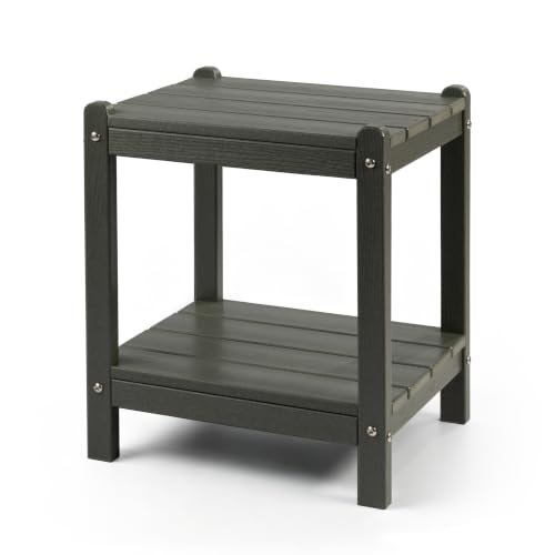 Image of Heavy Duty Outdoor Side Table with Shelf - All-Weather HDPE End Table with Realistic Wood Grain, 20 inch Height for Patio & Deck (Gray)