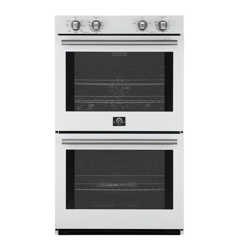 Forno Vomero 30-Inch Double Wall Oven, 10 cu.ft Total Capacity, 7100W Electric Convection with Manual Steam Clean & Mechanical Controls, Includes Both Antique Brass Stainless Steel Handles - White