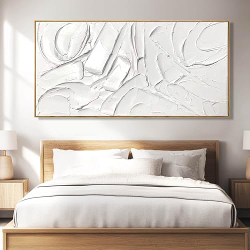Image of XIANSHOU White Artwork for Walls Contemporary Abstract Art Hand Painted 29 inchx58 inch Line Art Wall Decor Large Wall Art for Living Room Bedroom Hotel