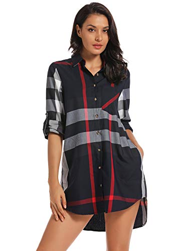 Women's Plaid Button Down Shirts Roll-up Sleeve Blouses Loose Fit Tops with Pocket