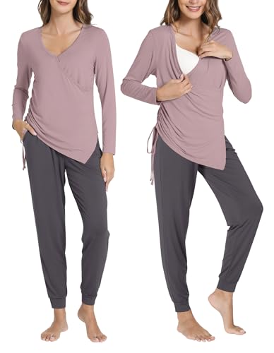 Image of BambooBud Pajama Sets for Women Long Sleeve Sleepwear Maternity Nursing Lounge Set Breastfeeding 2 Piece Pjs S-XXL