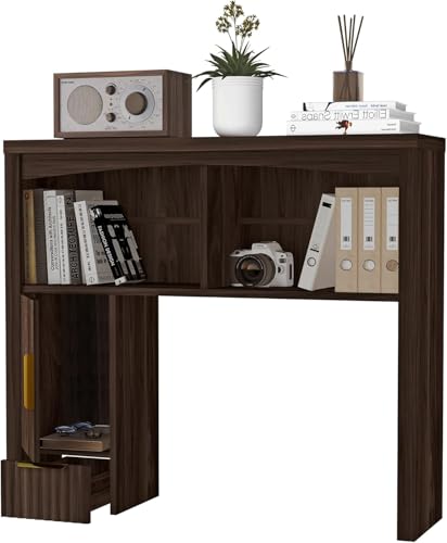 Image of Desktop Shelf, Wooden Desk Hutch with Storage, Desktop Bookshelf with Cabinet and Drawer, Office Desk Organizer, Space-Saving Organization, Over Desk Storage Shelves for Home, Dorm, Walnut