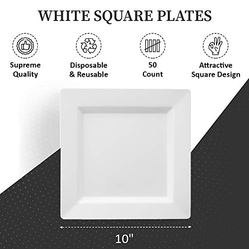 Oasis Creations White Square Plates Set 10" - 50 Count - Premium Hard White Disposable Plastic - Disposable And Reusable - Salad Plate - Appetizer Plate - Dinner Plate - Party Plate Set #TOP1