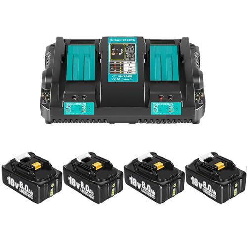 4 X 8.0Ah 18Volt Akkus mit DC18RD Ladegerät - Ersatzakku für Makita 18V Akku, Kompatibel mit Makita 18V Akku BL1860 BL1840 BL1830 BL1835 BL1845 194204-5 LXT-400 mit LED Anzeige