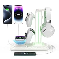 KDD RGB Headphone & Controller Stand with Wireless Charging - Rotatable Headset Stand with 9 Light Modes - Controller Holder with 2 USB and Type C Ports - for Gamers Desktop Accessories