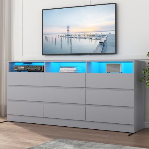 Image of Loomie 63 inch Wide 9 Drawer Dresser for Bedroom with LED Lights & Power Outlet