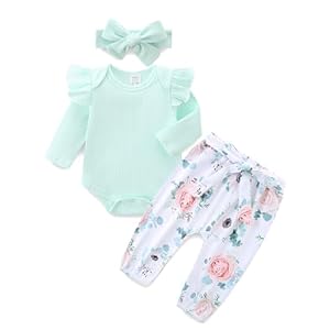 KIDDLETOWN Baby Mädchen Kleidung Langarm Body Strampler + Aufdruck Hose + Stirnband Neugeborene Babykleidung Set Baby Mädchen Kleidung Outfit Babyset 6-9Monate