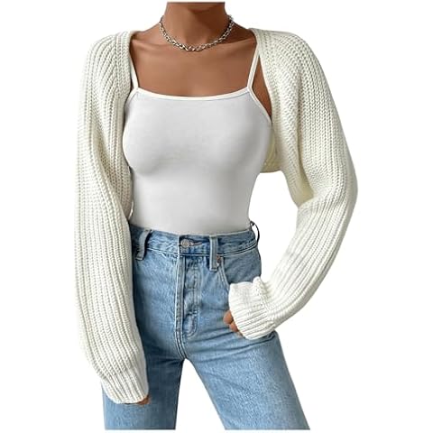 RoseSeek Women's Cropped Cardigan Sweaters Long Sleeve Open Front Bolero Shrugs Casual Knit Tops White Medium Cover