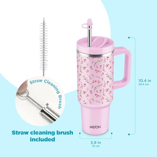 Image of MILTON Malmo 1200 Thermosteel Double Wall Vacuum Insulated Stainless Steel Tumbler with Handle 1100ml, Travel Mug with Straw,Silicon Cap,Cleaning Brush,Hot & Cold Beverage Flask,Floral Pink