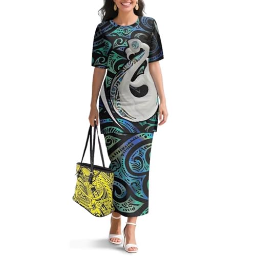 Image of Polynesian Dress for Women Short Sleeve High Waist Maxi Skirt | Puletasi dress, t-shirt and skirt two-piece, elastic material, lightweight, soft, plus size, luau party, wedding, clubwear