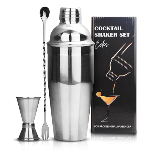 Cocktail Shaker Set 24oz, 3 Pieces Bartender Kit, Measuring Jigger,Bar Spoon,Strainer and Professional Drink Mixer Martini, Mixology Bartender kit, Bar Set, Cocktail Recipe for Beginners.