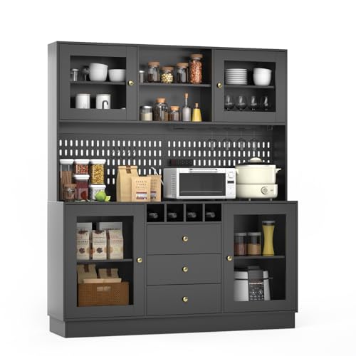 VOWNER 75'' Tall Kitchen Hutch Cabinet, 63“ Wide Pantry Cabinet, Buffet Hutch with Pegboard, Cup...