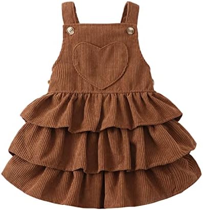 Toddler Baby Girl Dress Suspender Dresses Ruffle Corduroy Sleeveless Princess Skirt with One Pocket Kids Casual Clothes 12-18 Months Brown