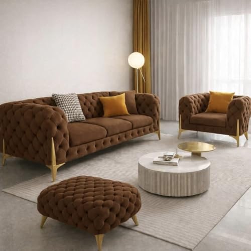 Image of 4 Seater Sofa Set Modern Classic Chesterfield Style Sofa Set with Pillows for Living Room, Bedroom and Office and Hallway Colour (3+1+OTTO Brown FC)