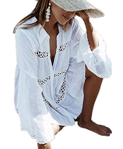 L-Peach Femme Col V Profond Chemise Longue Mini Robe de Plage Eté Paréo pour Maillot de Bain Bikini Cover Up, Blanc Dentelle, Taille unique