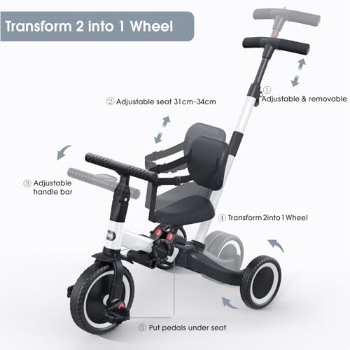 Image of newyoo Toddler Bike, 4 in 1 Tricycles for 1,2,3 Year Olds, Balance Bike, Birthday Gift and Toy for Boys and Girls, Kids Tricycle with Parent Steering Push Handle, Removable Pedals, White, TR007