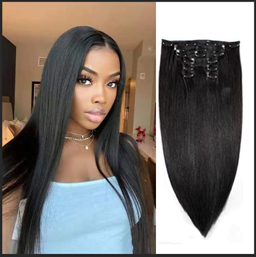 Real Clip in Hair Extensions 7 Pieces Straight Double Weft Thick Remy Hair Extensions Clip in on Human Hair for Short Hair(22 inch 100g,1B Natural Color)