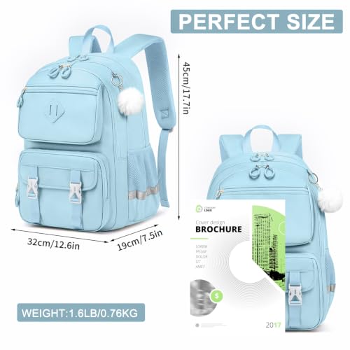 Image of School Backpack for Teen Girls, Cute College Back Pack Women, Kids Backpack | Middle Students School BookBag for Girls, 15.6 Inch Laptop Bag Travel Back Pack, Light Blue