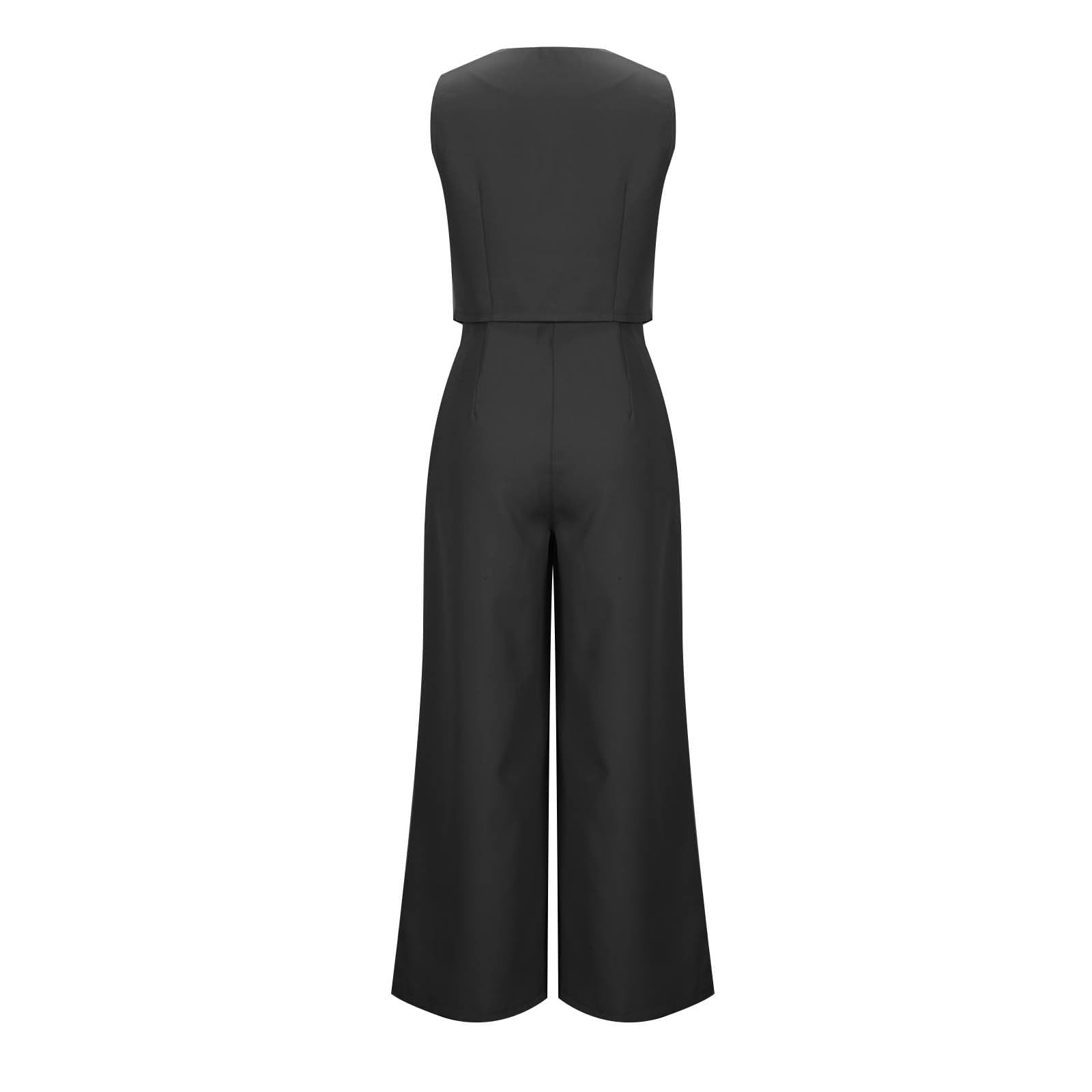 Generisch Traje de pantalón de mujer de 2 piezas con cuello en V chaleco sin mangas blazer y pantalones anchos elegante atuendo de negocios para oficina y boda