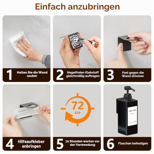 Anhow 3er PETG Seifenspender Wandbefestigung, 500ml Seifenspender Set Wand Ohne Bohren Kunststoff Spülmittelspender mit 16pcs Wasserdichten Etiketten für Küche/Badezimmer - Schwarz