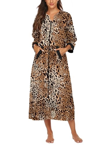 Image of Ekouaer Women Zipper Robe 3 /4 Sleeves Loungewear Dress Full Length Sleepwear Pockets Housecoat Nightgown Long Bathrobe