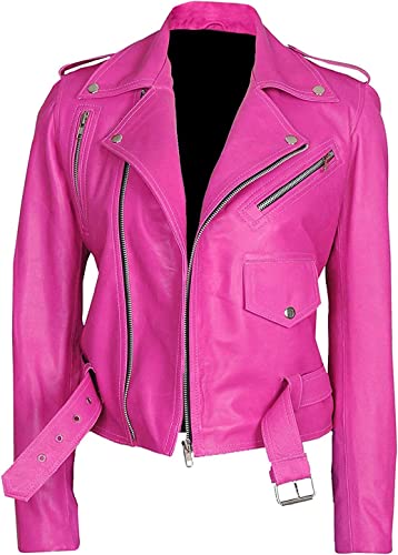 Women's Brando Style Hot Pink Genuine Lambskin Leather Biker Jacket – Real Leather Motorcycle Jacket2