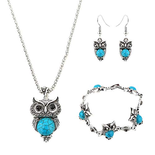 Parure de bijoux pour femme avec boucles d'oreilles hibou style rétro Turquoise (bracelet, collier, boucles d'oreilles), taille unique, Métal