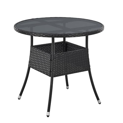 Juskys Table de Jardin Yoro en polyrotin résistant aux intempéries - Table de Balcon Ronde Ø 80 cm - Table d'appoint en rotin à Plateau en Verre - Petite...