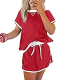 SELINK Lounge Sets for Women 2 Piece Skirt Colorblock Drop Shoulder T Shirt and Skort Set Summer Tracksuits Red-S