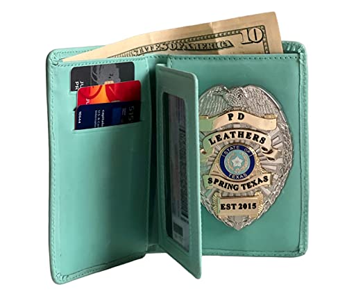 Law Enforcement Badge Wallet, All Leather, Fits Any Shape Badge with a Pin Back -Turquoise3