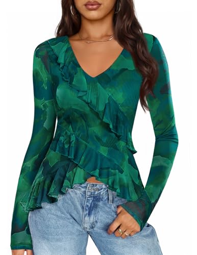 ZESICA Women's Long Sleeve Floral Shirts V Neck Going Out Ruffle Tops Blouses 2025 Fall Fashion Clothes Outfits,Green,Large