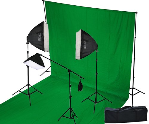 ePhoto 3 Softbox Video Photography Studio Continuous Lighting Kit & Background Supports with ChromaKey Green Screen Kit H9004SB69G