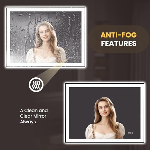 LOAAO 48"X36" LED Bathroom Mirror Black Framed, Anti-Fog, Dimmable, Lighted Bathroom Vanity Mirror for Wall, Memory Function, Tempered Glass