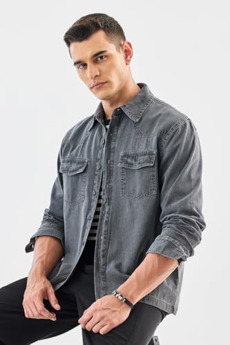 Image of SNITCH Men Casual Shirt | Regular Fit Long Sleeve Spread Collar Solid Pattern | 100 Percent Cotton Fabric & Durable Denim Shirt for Men & Rugged Men's Fashion Top