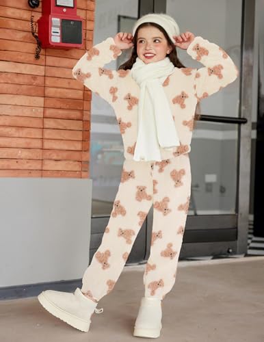 Image of Arshiner Girls 2 Piece Outfits Fuzzy Sweatsuits Hoodie and Sweatpant Sets
