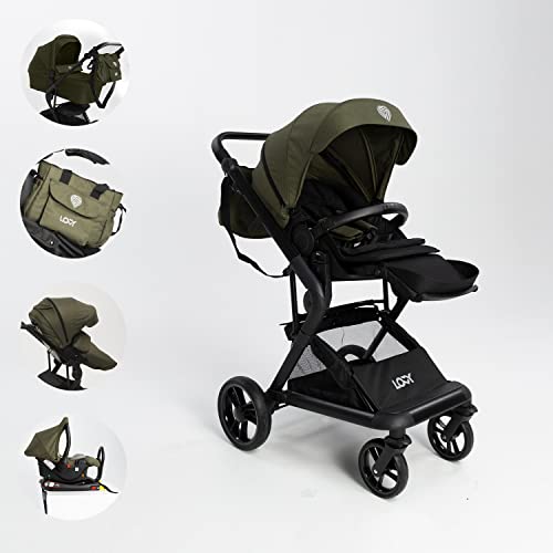 Kinderwagen 3 in 1 komplettset, LOVY Speedy (Green Snacke). Der Komplettset erhaltet: Babywanne, Babyschale für das Auto, Sportsitz, Wickeltasche, Regenschutz und ein Moskitonetz Cover