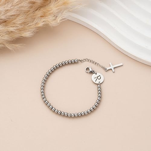 Image of Initial Cross Silvery Bracelets for Women Trendy, Initials Cross Charm Beaded Bracelet, Christian Gifts for Women, Baptism Confirmation Christmas Inspirational Gifts for Mom Daughter Friend Sister