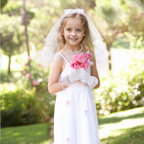 Image of Pistha 5 Pack First Communion Veil Set for Girls Bowknot Lace Veil Satin Gloves Rhinestone Accessories for Wedding Party, White