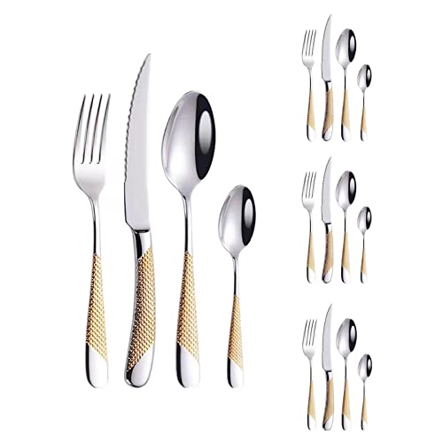 16-Piece Hammered Silver Gold Silverware Set,Modern 18/10 Stainless Steel Flatware Set,Cutlery Set,Tableware Set, Kitchen Utensil Set Service for 4, Knives Forks Spoons Set