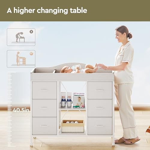 Image of YeTom Changing Table, 6-Drawer Dresser, Adjustable Shelves, Mobile, White | Changing Table Dresser, Waterproof Diaper pad & Safety Strap, 6 drawers, Adjustable shelves, Mobile Nursery Organizer