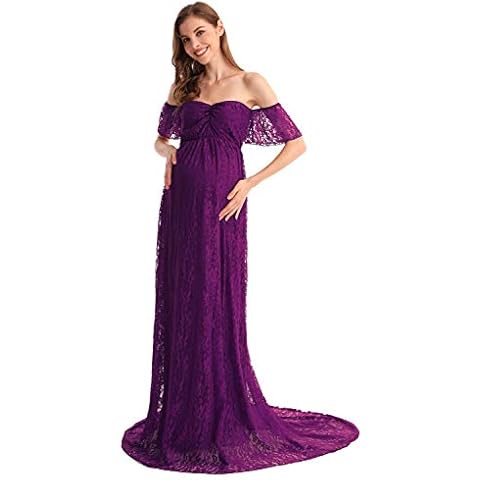 AYMENII Women Off Shoulder Ruffle Sleeve Lace Sweetheart Maternity Maxi Gown Photo Shoot Wedding Evening Baby Shower Dress Deep Purple XXL Cover