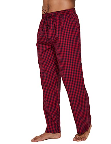 Yinc Men's Woven Sleep Pajama Pant Poplin Lounge Pants With Pockets,Black Red Check,Medium #TOP1