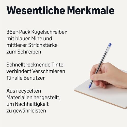 Amazon Basics Kugelschreiber-Set, Heimbüro, Schule, 1,0mm, Blau, 36er-Pack